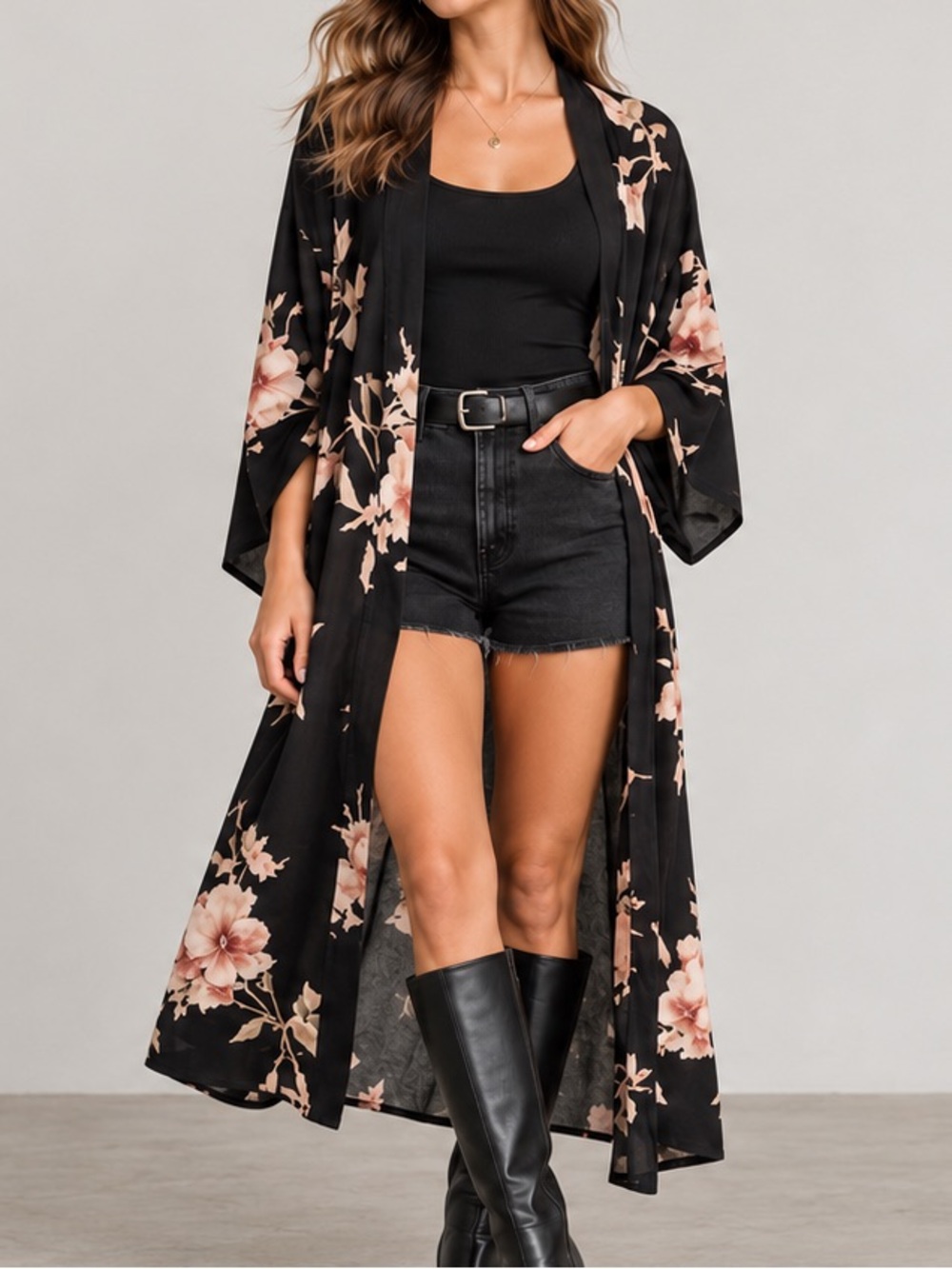 Wilfred by Aritzia Black Floral Long Duster Robe Kimono Size S